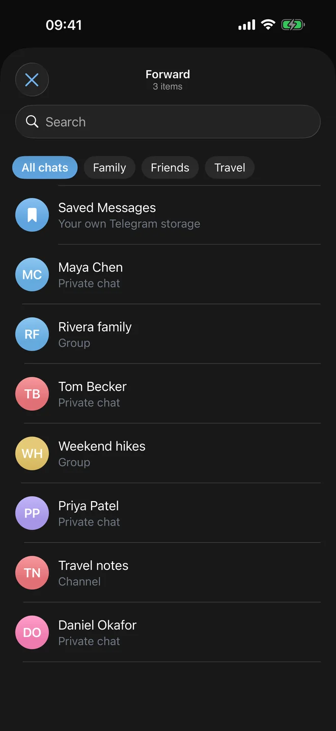 Forwarding three photos, with a list of chats to choose from